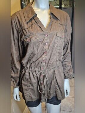 Women's Dark Green Drawstring Utility Jacket with Button Front Detailing